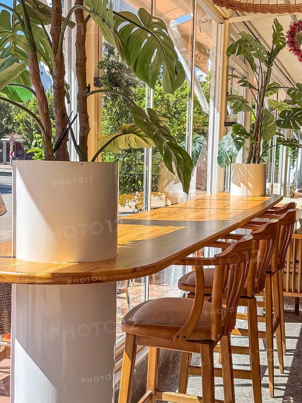 A modern restaurant interior with wooden tables and chairs. The space is bright and airy, featuring large windows and plants for decoration