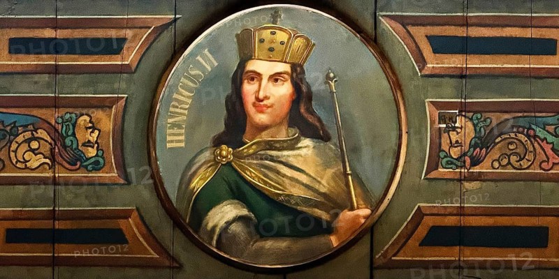 The wooden ceiling of the Upper Town Hall is painted with medallions of German emperors and kings, here Henricus VI, Town Hall, Bremen, Germany