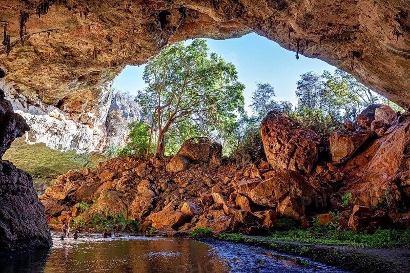 View of trees and rocks from a cave illuminated by natural light, The Gruta do Sumidouro in Campo Formoso in the state of Bahia Brazil