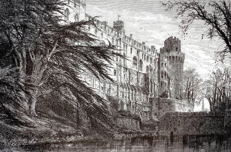 West side of Warwick Castle, a medieval castle that developed from a castle built by William the Conqueror in 1068, county of Warwickshire in England, illustration, reproduction from a 19th-century model. Authentic, file restored for optimal use, exact date of submission unknown, historical