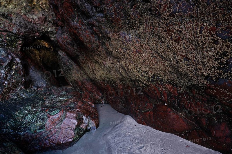 Wet rock in cave glows in various colors, coast, rock formations, rocks, sandy beach, beach, Kynance Cove, Mount's Bay, Lizard Peninsula, peninsula, Cornwall, England, Great Britain, Great Britain