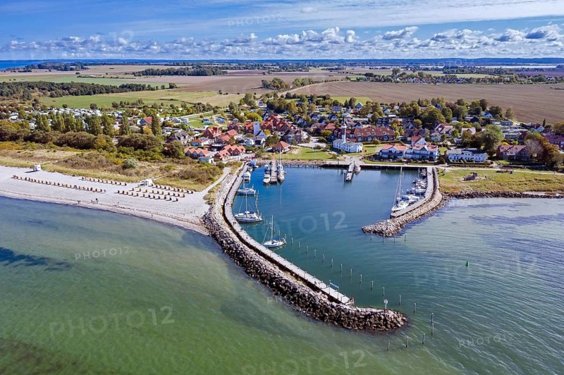 Aerial view over sailing boats and in the marina, harbour of Timmendorf Strand, Insel Poel, island in the Baltic Sea, Mecklenburg-Vorpommern, Germany