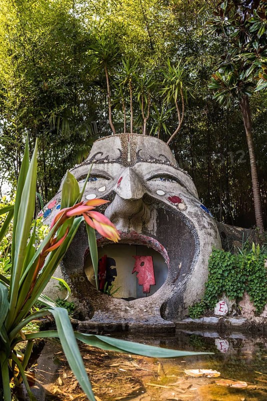 Botanical garden with sculptures in spring, artist Rudolf Hirt, Heller Garden, Andre Heller, Gardone Riviera, Lake Garda, Brescia province, Lombardy region, Italy