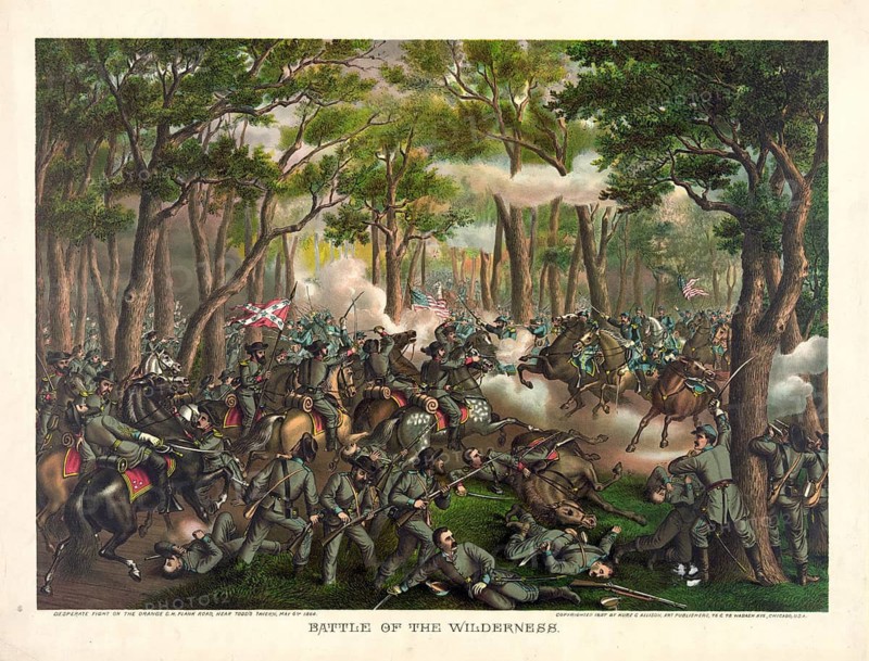 Battle of the Wilderness, a skirmish of the American Civil War. The actual Battle of the Wilderness took place on 5 and 6 May 1864 in Virginia and marked the opening phase of General Ulysses S. Grant's Overland Campaign against General Robert E. Lee. The illustration depicts a fierce battle in the dense undergrowth and woodland (the eponymous Wilderness) on the Orange County Plank Road near Todd's Tavern, American history, authentic, digitally restored reproduction of a 19th-century original, exact date of the illustration unknown, historical