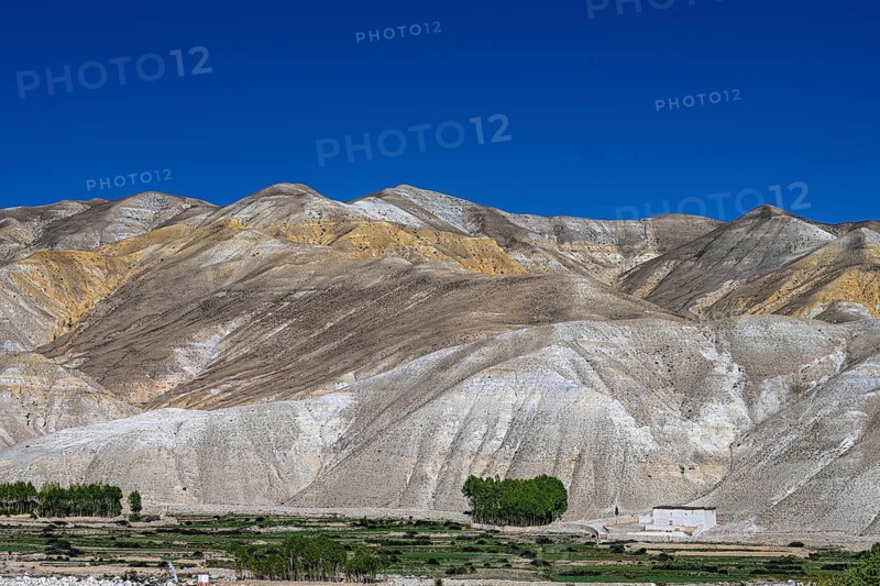 Small settlement and cultivated fields in front of mountainous landscape, erosion landscape near Lo Manthang, Mustang, Upper Mustang, former kingdom, Himalayas, Nepal
