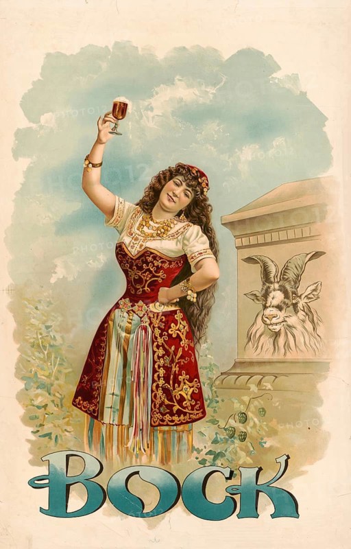Advertising poster, beverage advertisement, advertising poster for bock beer by Henry Jerome Stile from 1894 showing a woman in Bavarian traditional costume with a glass of beer, authentic reproduction of a historical advertising poster, advertising sign, in high resolution