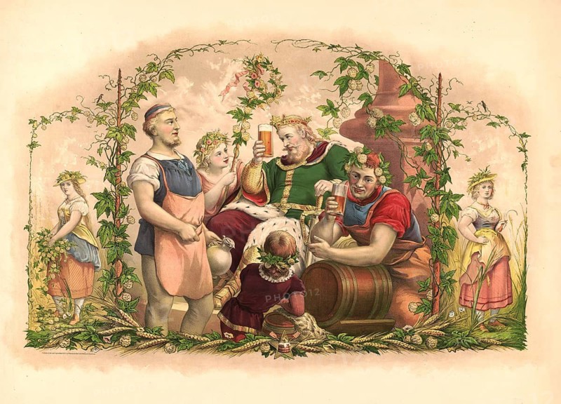 Advertising poster, beverage advertisement, poster depicts the legendary King Gambrinus as the king of beer, surrounded by brewers and figures in medieval clothing. It is a chromolithograph that was often used as an advertisement for breweries in the late 19th century. The scene is often understood as an allegorical depiction of beer culture, with Gambrinus acting as the inventive king of beer, authentic reproduction of a historical advertising poster, advertising sign, in high resolution