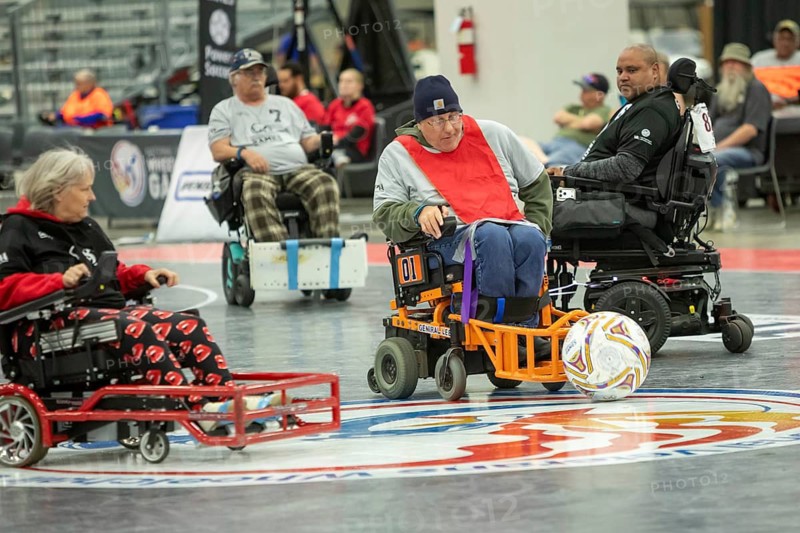 Detroit, Michigan - Power soccer at the National Veterans Wheelchair Games, an annual event sponsored by the Paralyzed Veterans of America and the Department of Veterans Affairs. Over 500 athletes competed in more than 20 sports during the six-day event