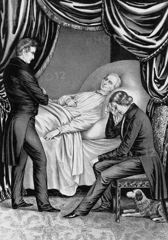 Henry Clay (1777–1852), an influential US politician and Senator from Kentucky, lies on his deathbed, whilst mourners and a faithful dog keep vigil at his side, American history, authentic, digitally restored high-resolution reproduction from a 19th-century original, exact date of the depiction unknown, historical