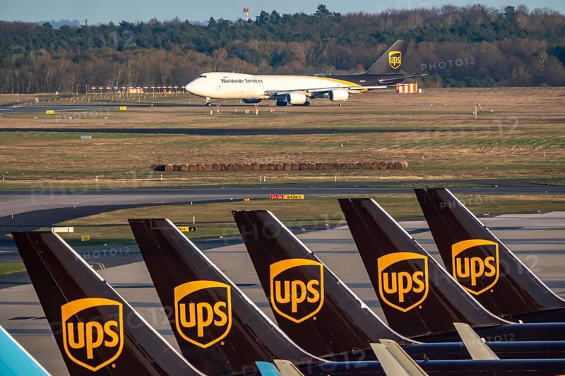Cologne-Bonn airport, CGN, air freight center, UPS Logisic Hub, UPS cargo aircraft on the apron, UPS Boeing 747, jumbo jet, freighter on the way to takeoff