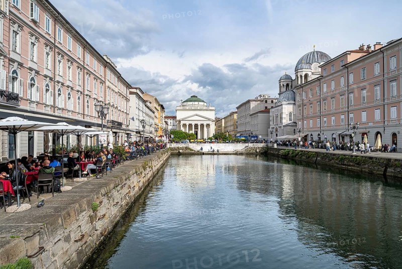 Restaurants on the Grand Canal with reflection, Sant'Antonio Taumaturgo Church in the back, Borgo Teresiano, Trieste, Friuli-Venezia Giulia Region, Italy