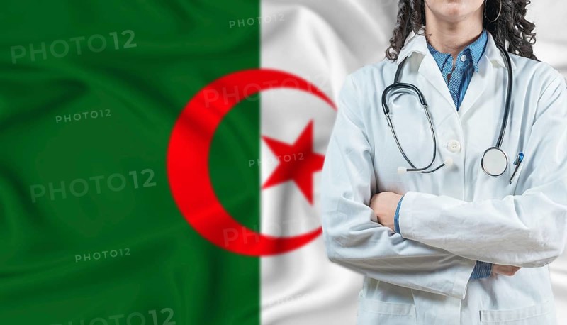 Medical professional on Algeria flag. Healthcare and wellness in Algeria, Concept