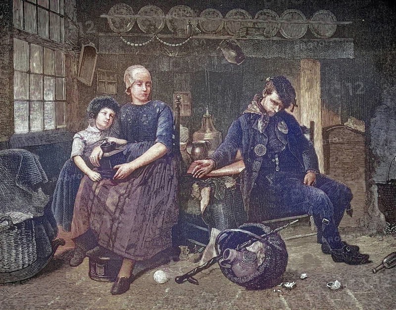 Alcoholism in a working-class family, on the right side the father of the family sits on a bench in a completely intoxicated state. His clothes are messy, his head sinks lifeless to the side and his limbs hang down limply. On the left, his woman is sitting in simple, traditional clothing. Her facial expression mixes deep sadness, exhaustion and resignation. She protectively holds her small child in her arms, who clings to her in fear and looks at the sleeping father. Poverty in the family, which is further aggravated by the father's drunkenness, illustration, reproduction from a 19th-century model. Authentic, file restored for optimal use, exact date of original unknown, historical, colored
