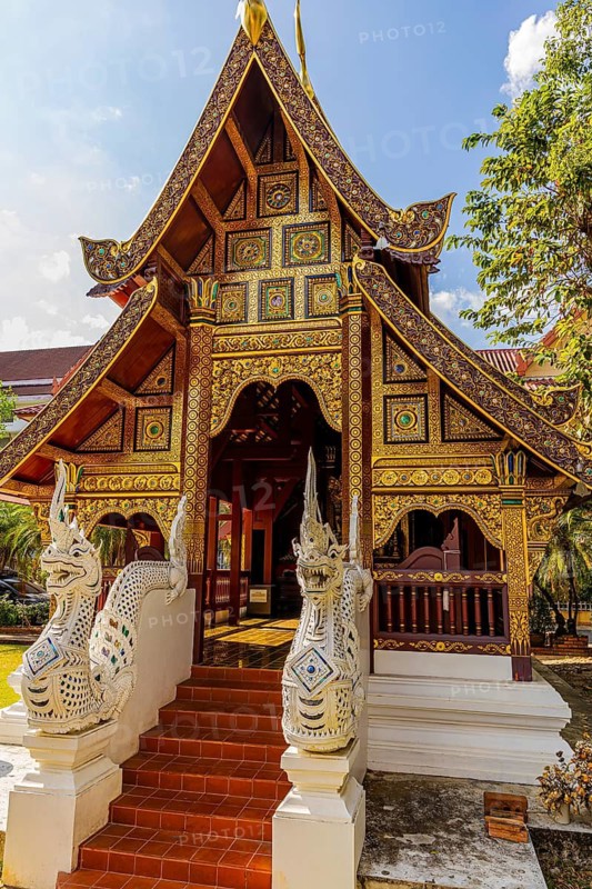 Staircase decorated with dragon heads to a public prayer hall in the Wat Phra Singh Buddhist temple complex, Chiang Mai Old City Center, Chiang Mai Province, Thailand