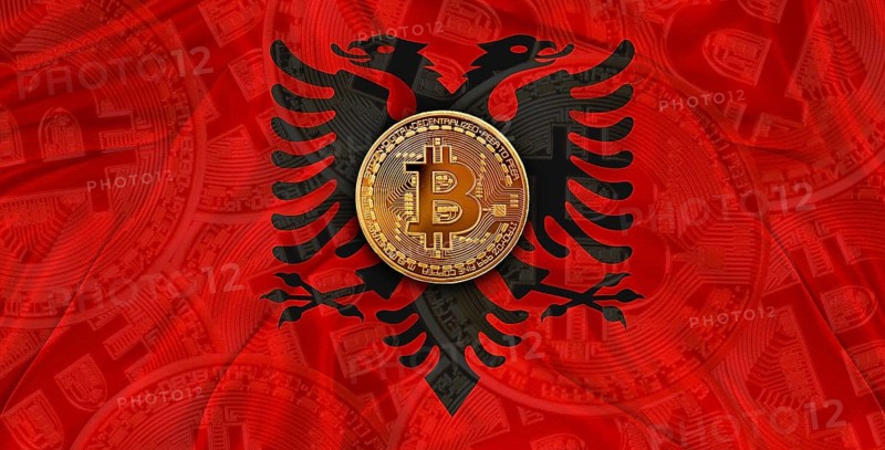 Investors in Blockchain Technology with Albania flag background. Bitcoin cryptocurrency with Albanian flag