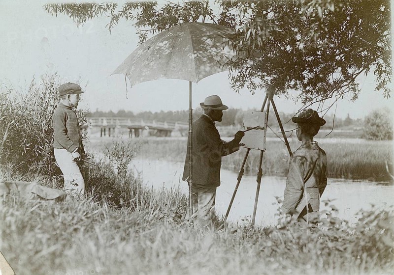Dacher, Bavaria, artist, farmer boy, easel, landscape, An artist paints on the riverbank under a parasol, accompanied by two children, Philipp Kester, around 1906