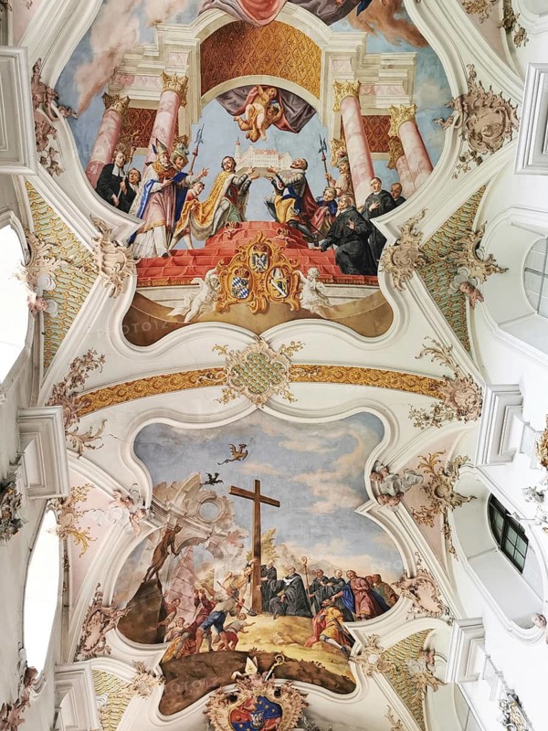 Ceiling fresco of the monastery church in Mönchsdeggingen Abbey, former monastery of the Mariannhill Missionaries, near Nördlingen on southern Riesrand, Donau-Ries district, Swabia, Bavaria, Germany