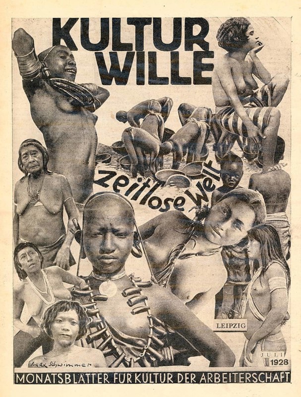 Kulturwille, Monthly Journal for Workers Culture, 5th year, 1928, issue 7, magazine, twenties, collage of people from different cultures in traditional clothing against a historical background, title, Max Schwimmer