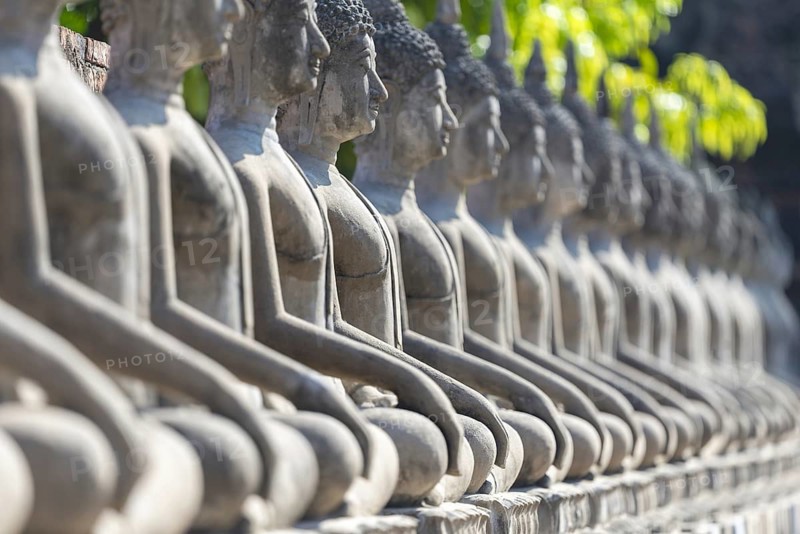 Row of Buddha statues (Bhumispara-mudra, Buddha Gautama at the moment of enlightenment), Great Chedi Chaya Mongkol, Wat Yai Chai Mongkon, Ayutthaya, Thailand