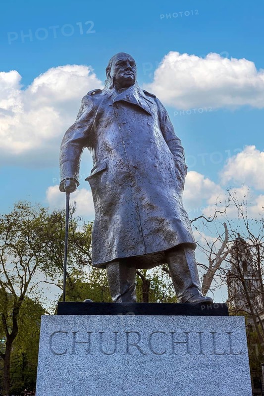 Ivor Roberts-Jones's bronze statue of Sir Winston Churchill stands in Parliament Square opposite the Houses of Parliament, London, England, United Kingdom