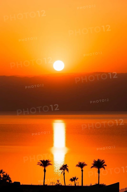 Dead Sea Jordan sunset with orange glow, calm water reflection, palm silhouettes, peaceful travel mood, nature beauty, climate and water scarcity concept