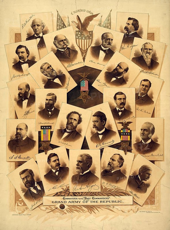 The poster depicts the Commander-in-Chief and former commanders of the Grand Army of the Republic (G.A.R.), an influential fraternal order of Union Army veterans following the American Civil War. Portraits of prominent commanders of the veterans' organisation from the late 1880s, an authentic, digitally restored, high-resolution reproduction of a 19th-century original, exact date of the depiction unknown, American history, historical