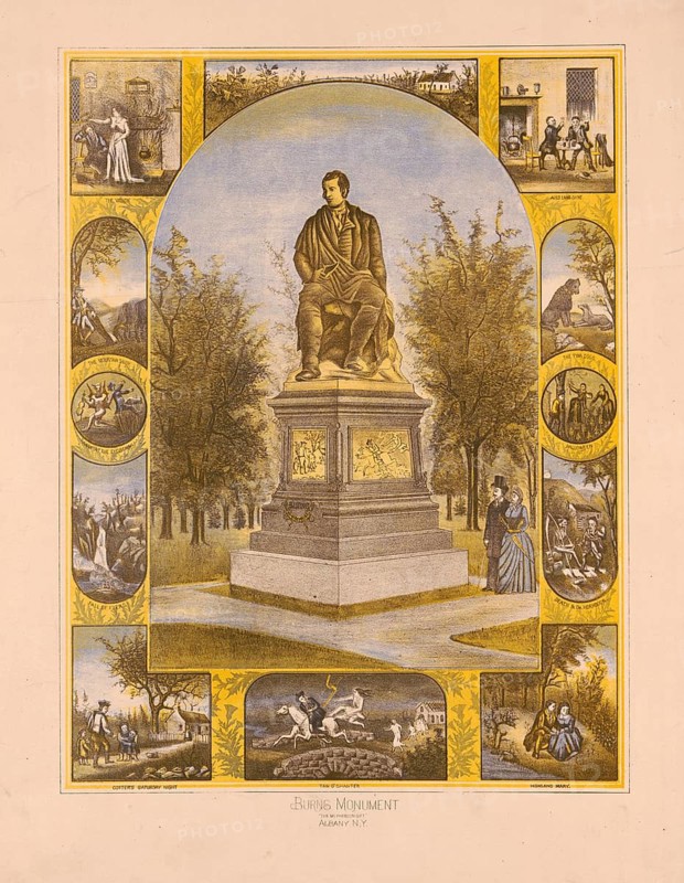 Robert Burns Memorial, The Burns Monument, in Washington Park in Albany, New York, surrounded by small illustrations of works by the Scottish poet, 1880, authentic, digitally restored reproduction in high resolution from a 19th-century model, exact date of presentation unknown, American history, historical