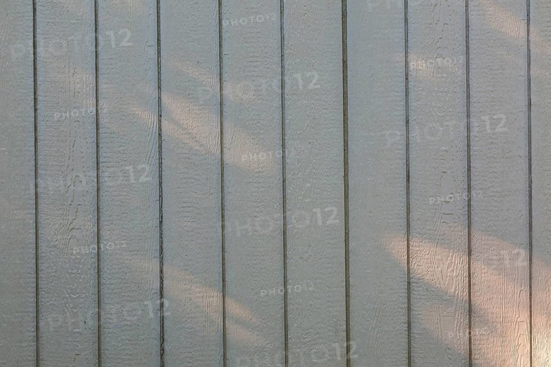 Close-up of light grey painted vertical Canexel wood plank cladding on garden shed wall with dabbled sunlight and casted shadows, Quebec, Canada
