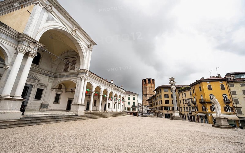 Piazza della Libertà main square with Loggia e Tempietto di San Giovanni and tower of the Cattedrale di Santa Maria Annunziata, old town, Udine, Friuli-Venezia Giulia, Italy