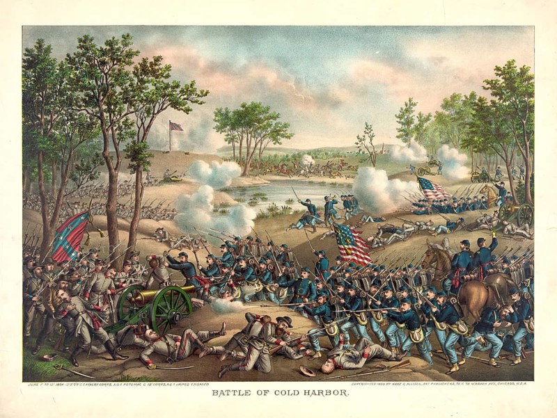 Depiction of the Battle of Cold Harbor from 1888. The real Battle of Cold Harbor took place as part of the Civil War from May 31 to June 12, 1864 in Hanover County, Virginia, and ended with a heavy Confederate victory under Robert E. Lee against the Union forces of Ulysses S. Grant. The print shows a dramatic battle scene with infantry, artillery, smoking cannons and the characteristic flags of the northern and southern states in the typical colorful lithographic style of the late 19th century, American history, authentic, digitally restored reproduction from a 19th century original, exact date of depiction unknown, historical