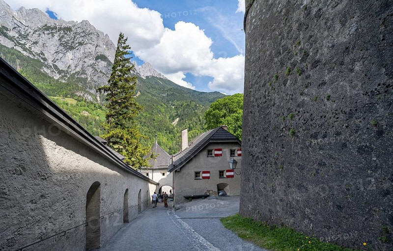 Castle wall, Hohenwerfen Fortress, behind rocky peaks of the Tennengebirge, Werfen, Pongau, Salzburger Land, Austria