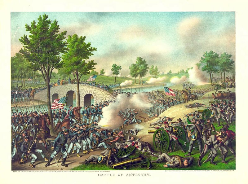 Colour lithograph of the Battle of Antietam, published in 1888 by the American art publishers Kurz & Allison. It depicts scenes from the bloody Battle of Antietam during the American Civil War on 17 September 1862. Background and details Event: The Battle of Antietam (also known as the Battle of Sharpsburg) near Sharpsburg, Maryland.Commanders: Depicted is the Army of the Potomac under the command of General George B. McClellan, American history, authentic, digitally restored reproduction of a 19th-century original, exact date of the depiction unknown, historical