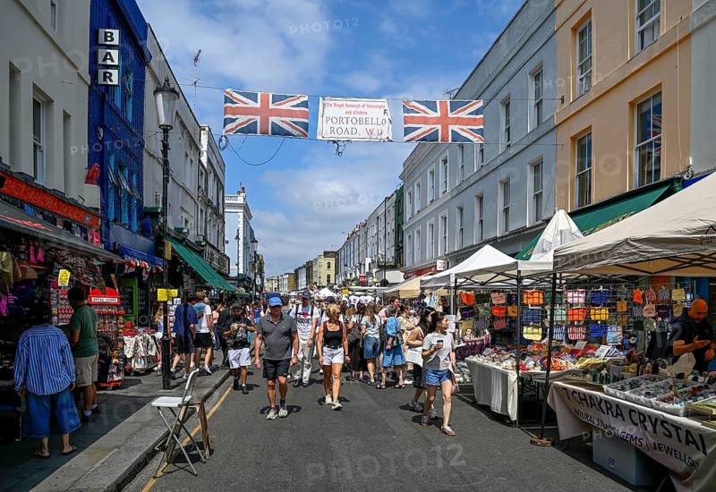 Street scene at Portobello Road Market, Notting Hill, Royal Borough of Kensington and Chelsea, London, England, Great Britain