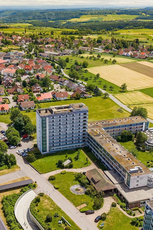 View of urban residential areas and large fields in a rural area, Wart, Altensteig, Germany