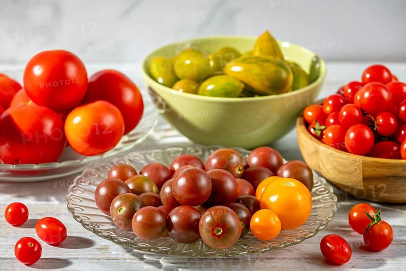 Different types of tomatoes presented on a table in natural light