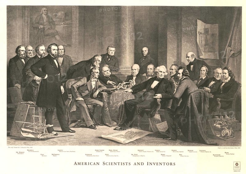 American Scientists and Inventors (also known as Men of Progress), based on a painting by Christian Schussele from 1862 and engraved by John Sartain.People depicted: The group includes prominent 19th-century American inventors, scientists and pioneers such as Samuel Morse, Charles Goodyear, Cyrus McCormick and Peter Cooper. Inventions in the picture: In the foreground and at the sides are groundbreaking innovations such as Morse's telegraph, a grain threshing machine and a model ship. American history, authentic, digitally restored reproduction of a 19th-century original, exact date of the depiction unknown, historical