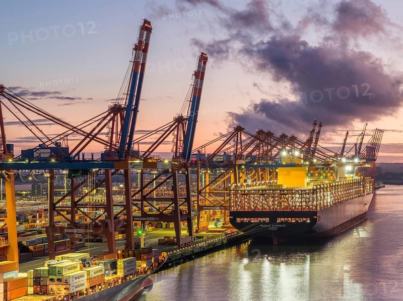 Aerial view at Waltershof harbour during the Blue Hour at the berths of Eurogate Container Terminal Hamburg (CTH) with the Manila Express (Hapag-Lloyd), Hamburg, Germany