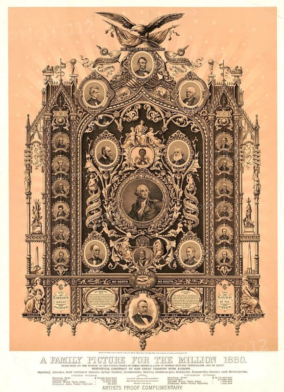 Picture shows portraits of American heroes and presidents, including Abraham Lincoln and George Washington, in the style of a memorial plaque, A Family Picture for the Million, 1880, authentic, digitally restored reproduction from a 19th-century model, exact date of depiction unknown, historical