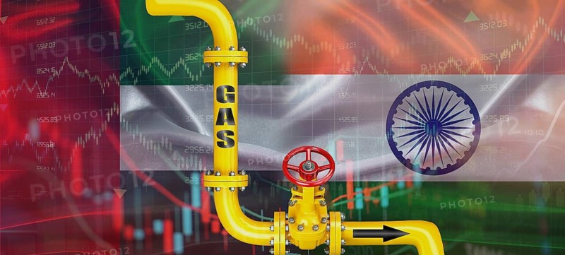 Gas pipeline with Emirati and Indian flag. Production and export of Emirati gas to India