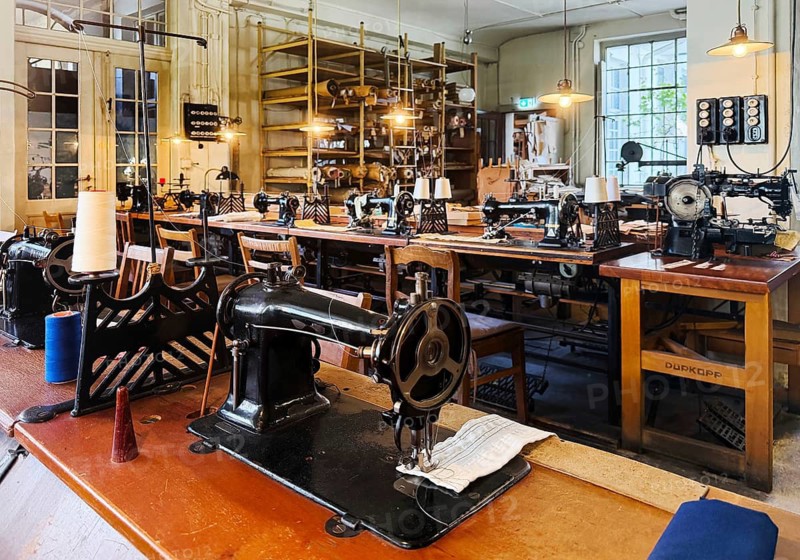 Museum laundry factory, sewing room, industrial sewing machines and knitting machines come almost exclusively from Bielefeld production, Germany