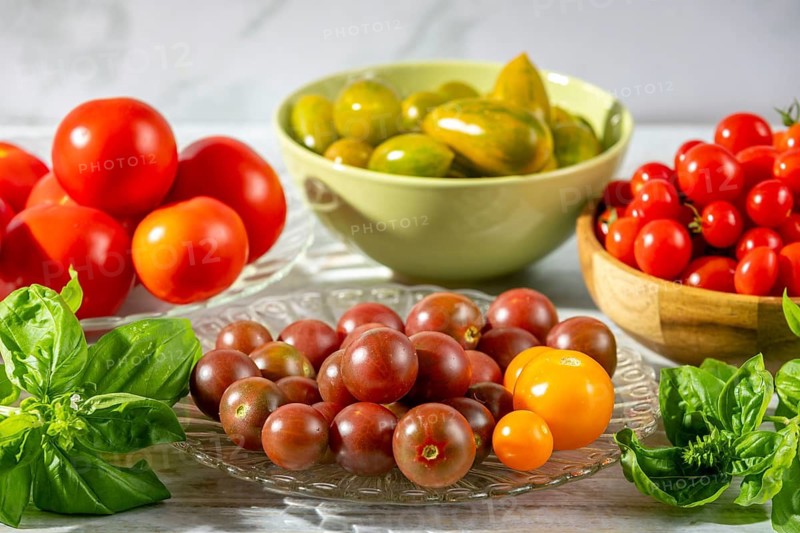 Fresh basil leaves and tomatoes on a table, arranged in natural light