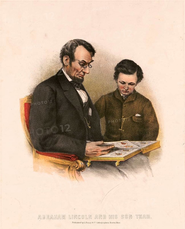Abraham Lincoln and his son Thad (born 12 February 1809 near Hodgenville, died 15 April 1865 in Washington, D.C.) served as the 16th President of the United States of America from 1861 to 1865. First elected in 1860, he was re-elected for a second term in 1864. He was the first President from the ranks of the Republican Party and the first to be assassinated, an authentic, digitally restored reproduction based on a 19th-century original, exact date of the image unknown, historical