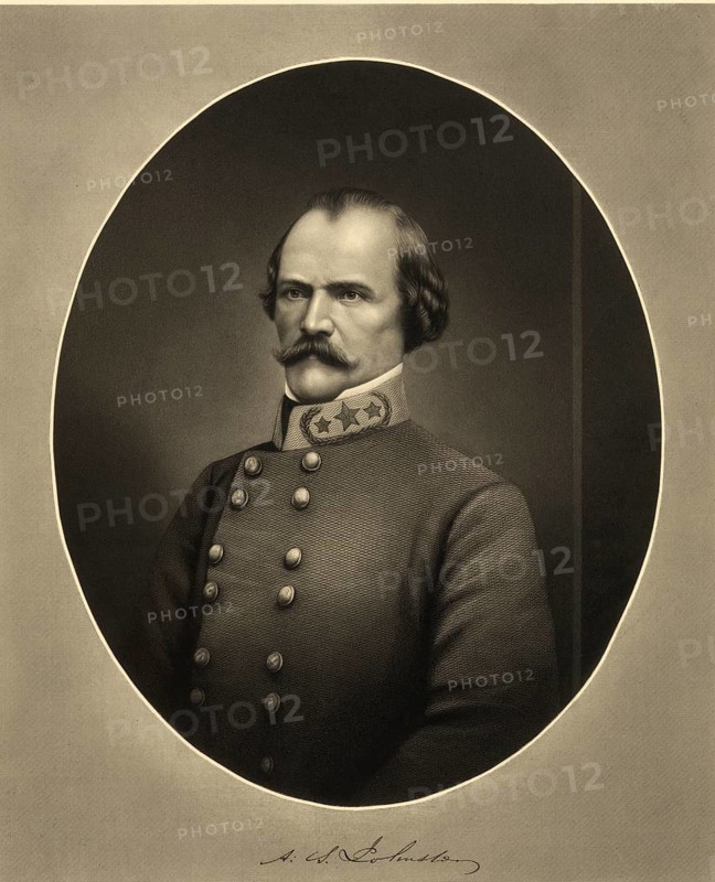 Albert Sidney Johnston (born 2 February 1803 in Washington, Mason County, Kentucky, died 6 April 1862 at the Battle of Shiloh) was an officer in the US Army, and a general in the Texas Army and the Confederate Army during the American Civil War, American history, authentic, digitally restored reproduction of a 19th-century original, exact date of the depiction unknown, historical