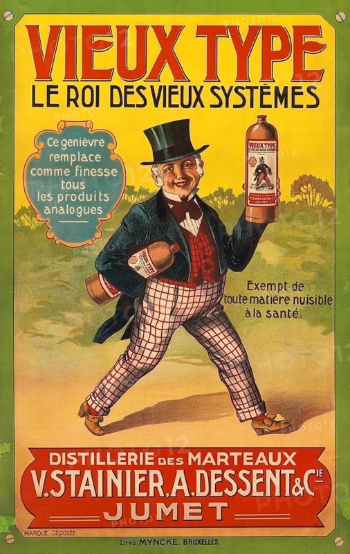 Advertising poster, beverage advertisement, advertising poster from around 1920 promotes Vieux Type, a genever produced by the Distillery des Marteaux in Jumet. The illustration shows a gentleman in a top hat with checkered pants, proudly presenting two bottles of the liquor. The text highlights that the product is considered the king of the old systems and is free from harmful substances, authentic reproduction of a historical advertising poster, advertising sign, in high resolution, historical