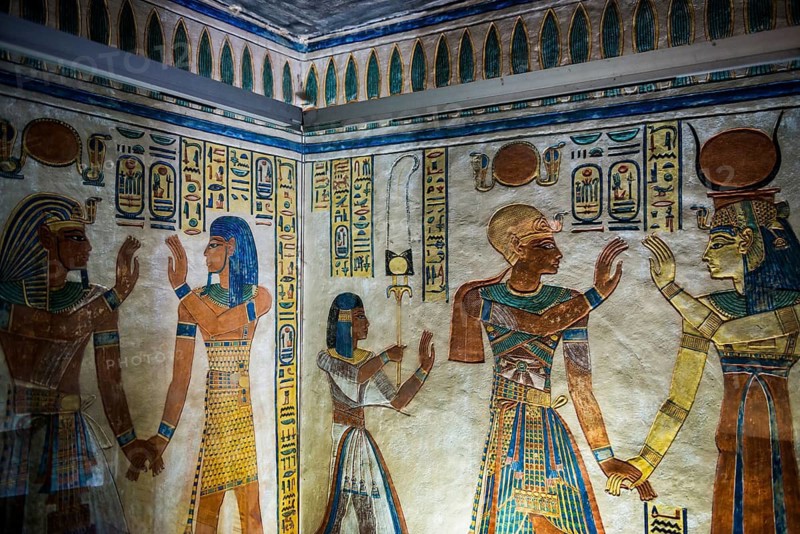 Colourful reliefs and wall paintings, Tomb, Valley of the Queens, UNESCO World Heritage Site, Thebes, Luxor, Egypt