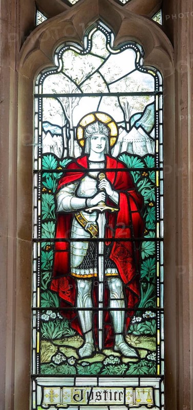 Stained glass window depicting Justice, All Saints church, Great Glemham Suffolk, England, UK by Powell & Sons c 1917