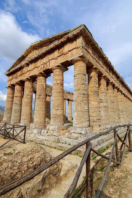 Unfinished temple of Segesta Antica without cella closed interior built around 430 BC in Greek Doric style by the then local people Elymer, 2023 filming location of scenes in the film Indiana Jones and the Wheel of Destiny with Harrison Ford, Segesta Antica, Calatafimi Segesta, Sicily, Italy