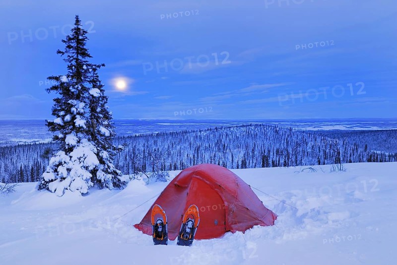Bivouac, tent in snow, Stubba Nature Reserve, Laponia World Heritage Site, Lapland, Norrbotten, Sweden, Scandinavia