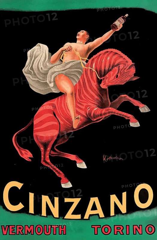 Advertising poster, beverage advertisement, advertising theme for Cinzano Vermouth, designed by artist Leonetto Cappiello. The picture shows a dynamic scene with a figure riding on a red zebra-like horse and holding a bottle of Cinzano in the air, 1910, Italy, authentic reproduction of a historical advertising poster, advertising sign, in high resolution