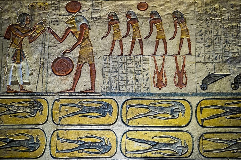 Colourful reliefs and wall paintings and hieroglyphs, tomb, Pharaoh Ramesses IX, Valley of the Kings, UNESCO World Heritage Site, Thebes, Luxor, Egypt